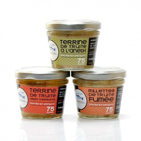 Lot de 3 Rillettes et Terrines de truite Fumée, Aneth et Piment 3x75 g Lot de 3 Rillettes et Terrines de truite Fumée, Aneth et Piment 3x75 g